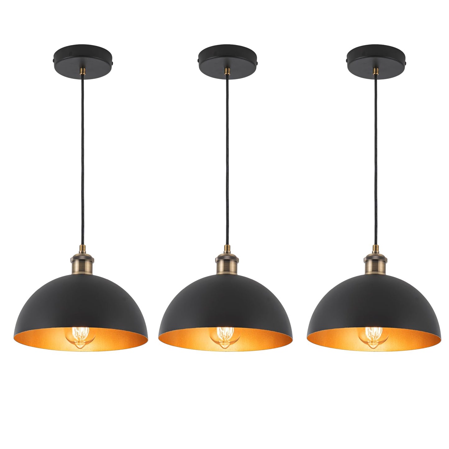 Imfurlayo Industrial Mini Black Pendant Lights 3-Pack Farmhouse 9.84" Black Gold Dome Pendant Lighting Fixture Retro Pendant Light for Kitchen Island, Dining Room, Bedroom, Hallway, Living Room
