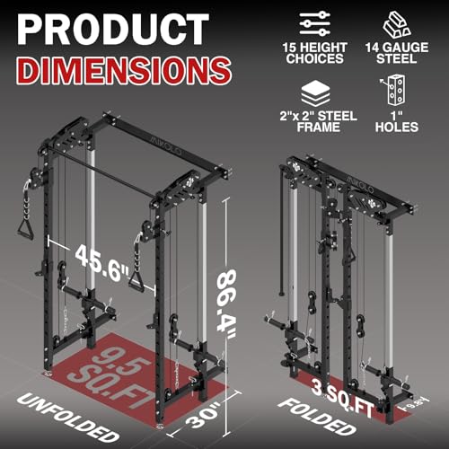 Folding Squat Rack with Cable Crossover & LAT Pull Down - Black