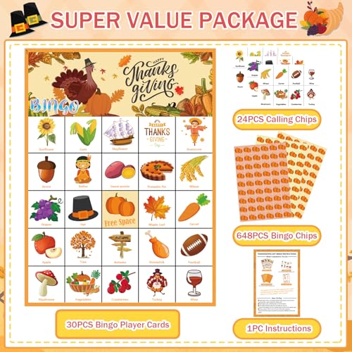 Thanksgiving Bingo Game Cards - 46 Pieces for 30 Players