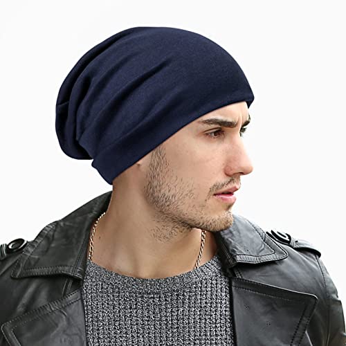 Senker Fashion Large Grey & Navy Cotton Slouchy Beanie Hat for Men & Women