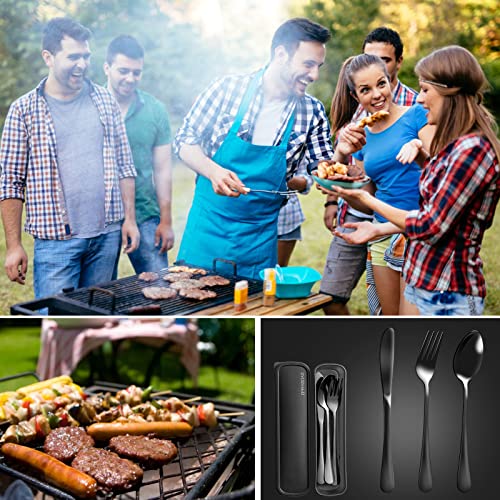 Travel Utensils Set - 4-Piece Stainless Steel Cutlery with Case - Black