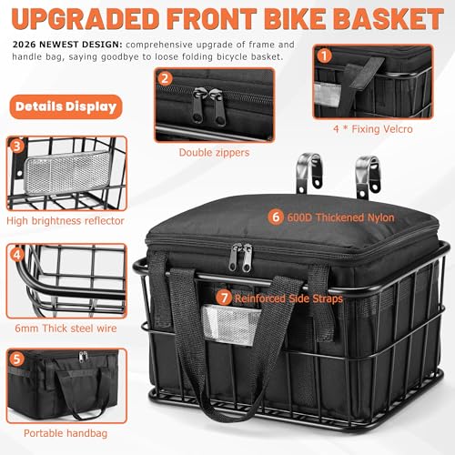 CDYWD Front Bike Basket with Removable Liner Bag, Heavy-Duty Front Cargo Basket