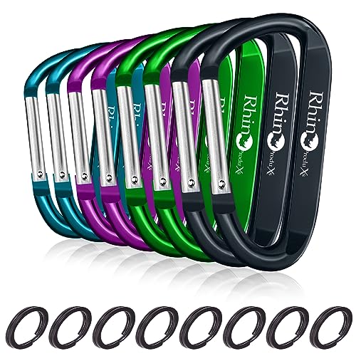 8PCS Lightweight D Ring Carabiner Clips with Keyrings - Black, Green, Blue, Purple