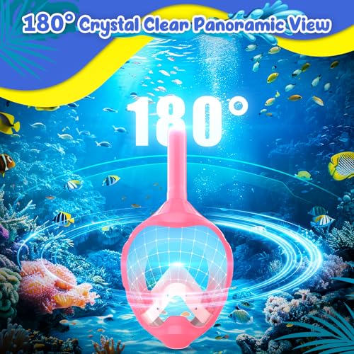 Kids Full Face Snorkel Mask Pink & Blue XS - 180° Panoramic View Anti-Fog & Leakproof