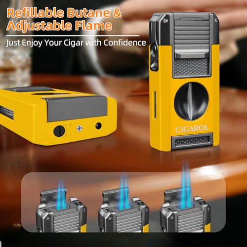 Cigarol 5-in-1 Torch Lighter with V-Cutter, Punch & Windproof Jet Flame (Yellow/Shabby Chic)