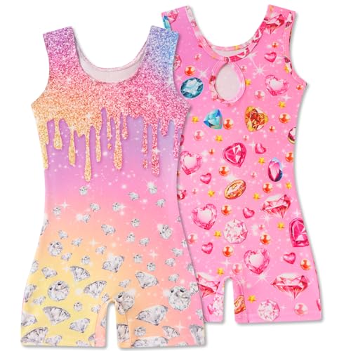 Gymnastics Leotards for Girls - 2 Pack Biketards with Shorts, Pink Diamond, 7-8 Years