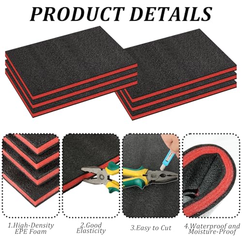 6 Pack Tool Box Foam Inserts for Cases,Tool Box Liner Polyethylene Sheets, Toolbox Kaizen Organizer and Storage Shadow(18 x 12 x 1 Inch,Red, Black) (6 Pcs Foam)