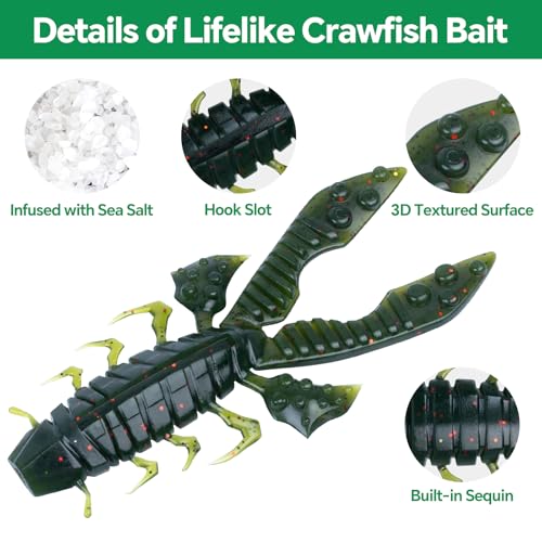 Soft Plastic Crawfish Lures with Removable Rattles - 5.5 Inch, Green, 3Pcs