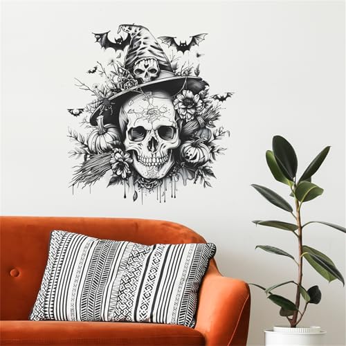 Halloween Scary Wall Stickers Decals,Black Skeleton Pumpkin Bat Halloween Home Decorations,Horror Skull Wall Stickers for Party Haunted House Door