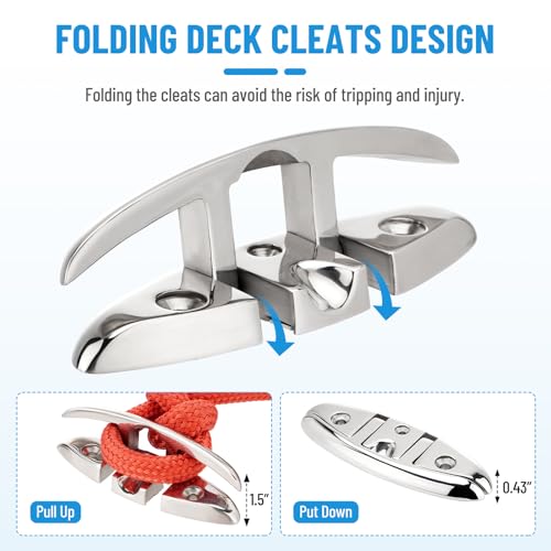 Racewill 5 Inch/6 Inch Pack of Folding Marine Dock Cleats - 316 Stainless Steel, Flip-Up Boat Rope Cleats with Backing Plates & Screws for Yacht Kayak Pontoon