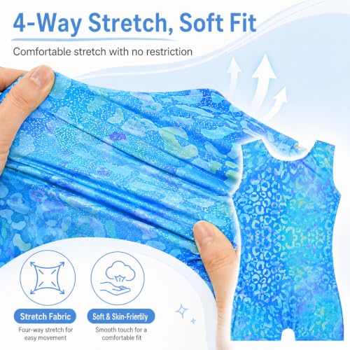 Blue Leopard Print Gymnastics Leotard for Girls + Hair Scrunchie - 4-5T