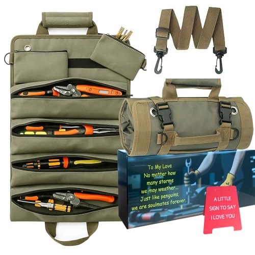 Roll Up Tool Bag Organizer: Compact Heavy Duty 1200D Oxford Waterproof with 6 Pockets ? Gift for Electrician Carpenter Mechanic & DIYer