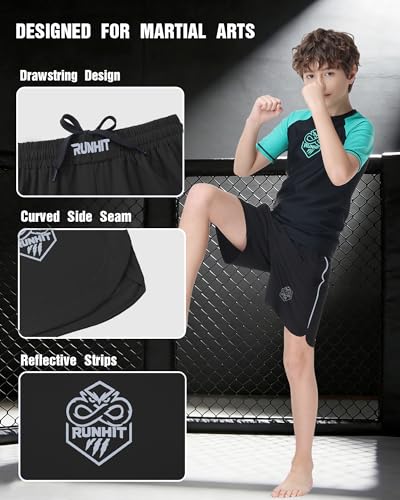 Runhit Kids MMA BJJ Wrestling Shorts - Small Black, No-Gi Grappling Training