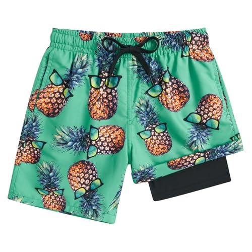 Boys Swim Trunks with Compression Liner & Pockets - 10-12 Years, Pineapple