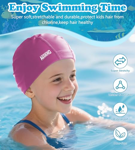 Kids Swim Cap - Purple Soft Fabric Hat for Long Hair, Ages 3-14