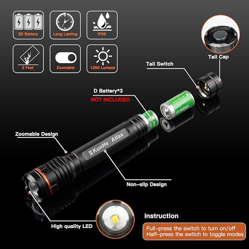 KunHe 2 Pack Heavy Duty LED Flashlights 1000 Lumens Zoomable Aluminum Police Tactical Torch