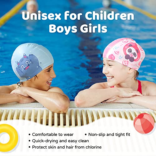 Kids Swim Cap - Quick Dry Spandex Hat for Long & Short Hair - Blue Monster
