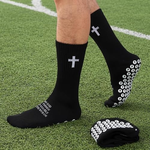 Cross Grip Soccer Socks with Bible Verse - Black, 4 Pairs, Size 6-13