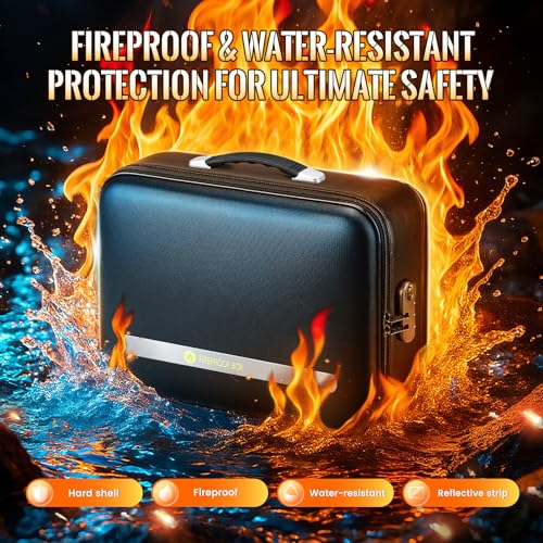 DEEGO Fireproof Document Box Hard Case, Waterproof Fire Proof Safe for Home Documents with Removable Accordian File Folder, Fireproof Lock Box Protect Laptop, Certificates, Passport, Cards for Office