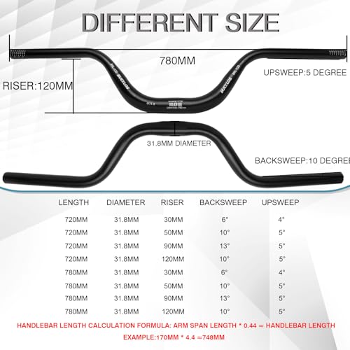 BUCKLOS Mountain Bike Handlebar 31.8mm x 720mm x 120mm Rise (Variation: 31.8mm-720mm-120mm)