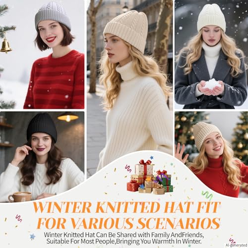 Warm Fleece Lined Winter Beanie Hat for Women - Beige