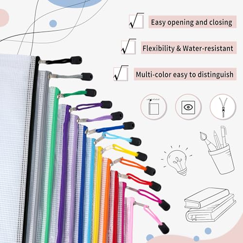 72 Pcs Mesh Zipper Pouch Set - A4 Waterproof Organizers in 12 Colors