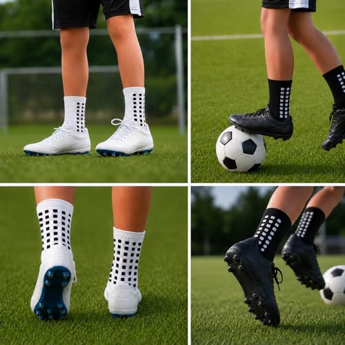 Kids Grip Soccer Socks - Cushioned Non-Slip, 6 Pairs - Black & White