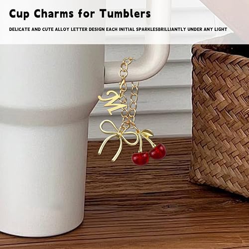 Gold Letter Charm with Bow & Red Cherry for Stanley Cup Tumbler