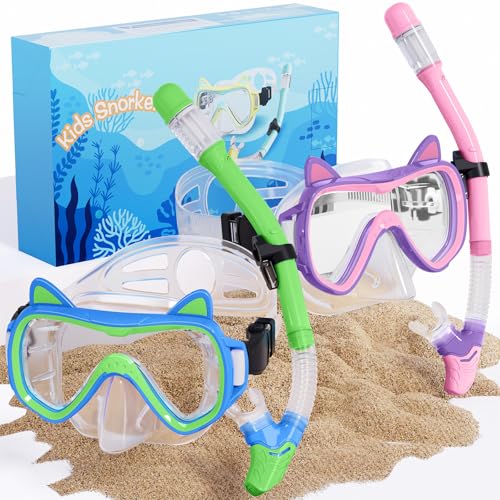 Kids Snorkel Set with Dry Top Mask & Fins - BlueGreen+VioletPink, Kid's Water Gear