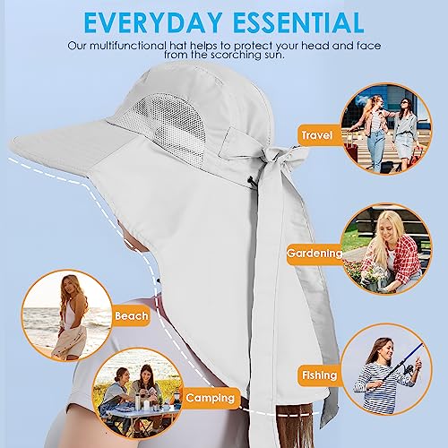 Wide Brim UV Protection Sun Hat - Foldable Waterproof Bucket Hat with Neck Flap - One Size, Light Grey