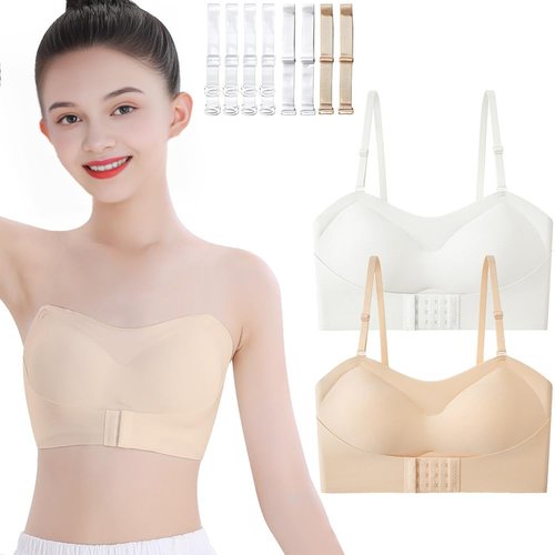 ABTRAV Teen Girls Strapless Bandeau Bra 2 Pack Seamless Underwear Dance Ballet Bralettes for 12-14 Years