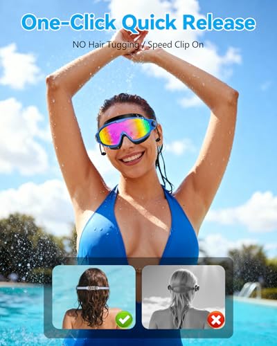 Adult Wide View Swim Goggles Anti-Fog UV No Leak with Ear Plugs Blue Bright Rose & Green Aqua
