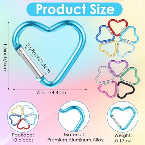 10-Pack Heart Shaped Carabiner Keychain Clips - Cute & Durable