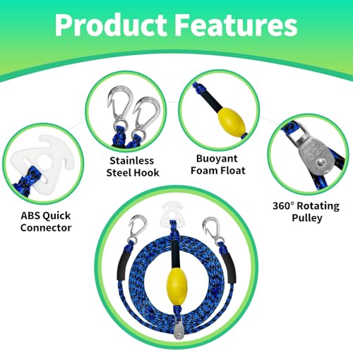 Self Centering Boat Tow Harness with 3 Foam Floats - 16 FT, Blue & Black