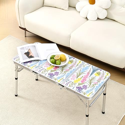 Yriuat 3ft Folding Camping Table with Floral Design, Adjustable Height Portable Picnic Table