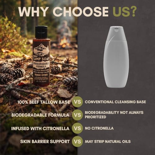 Biodegradable Camping Soap - Beef Tallow, All-in-One Wash, Nordic Citrus, 4 Fl Oz