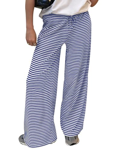 Trendy Queen Women’s Blue White Striped Wide Leg Pants Medium Fall Casual Baggy Sweatpants