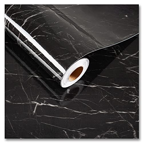 CRE8TIVE Black Marble Contact Paper for Countertops Waterproof Glossy Marble Wallpaper Peel and Stick Countertops Self Adhesive Removable Marble Vinyl Roll for Cabinets Table Tops Shelf Liner 12"x80"