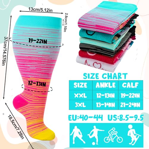 Jspupifip Plus Size Wide Calf Compression Socks 6 Pairs - Black White Blue Rose Red XX-Large