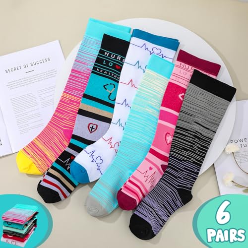 Jspupifip Plus Size Wide Calf Compression Socks 6 Pairs - Black White Blue Rose Red XX-Large