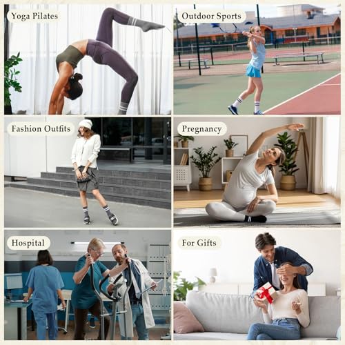 Striped Pilates Crew Socks with Grips for Women - 4 Pairs - Black White Gray