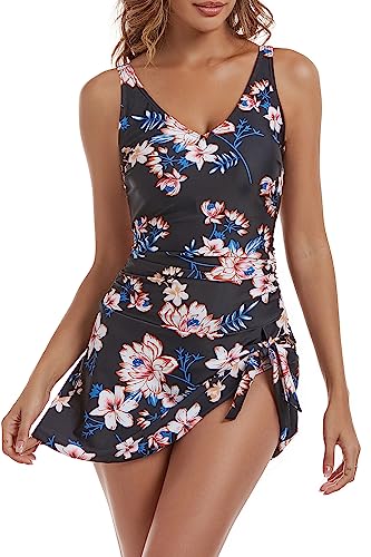 Aidonger Women's Black Floral Print Tummy Control V-Neck One-Piece Swimsuit Small