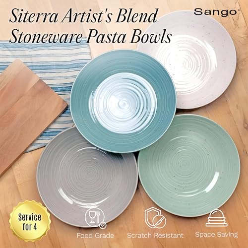 Sango Siterra Artist's Blend Pasta Bowl Set - Aqua Variation, 4 Pack, 9-inch Stoneware