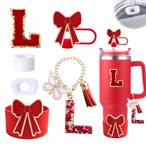 Personalized Red Accessories Set for Stanley Cup - Initial L Charm