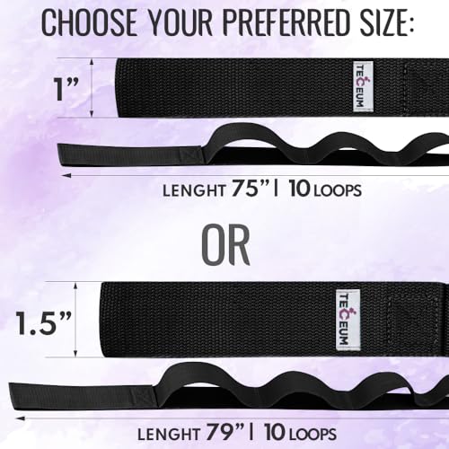 Stretching Strap with 10 Loops for Physical Therapy & Yoga - Black, 1" Wide