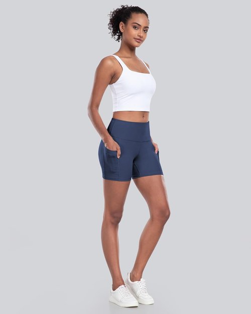 CHRLEISURE Women's Biker Yoga Shorts - High Waisted Tummy Control Spandex | 4-Pack with Pockets