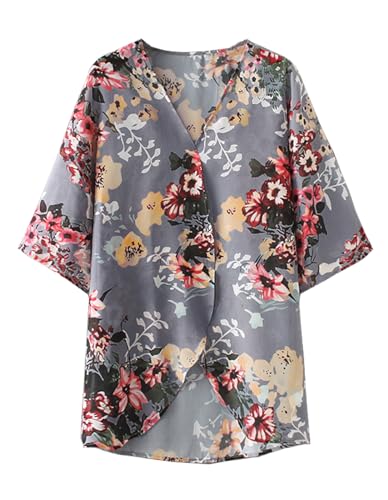 Floral Print Puff Sleeve Kimono Cardigan - XX-Large Dark Grey
