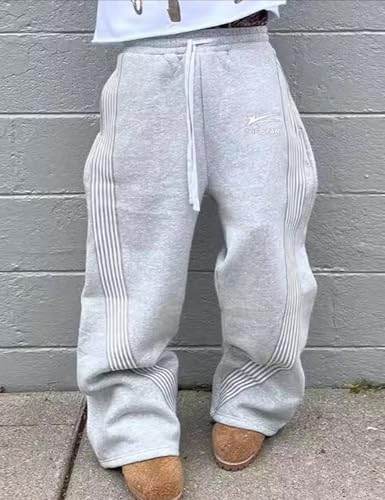FCOOLYEET Men's Y2K Grey Baggy Sweatpants with Drawstring Waist, Open Bottom, Medium