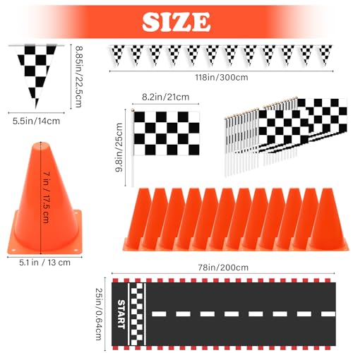 38-Piece Racing Cones and Flags Set - Mini Traffic Cones, Checkered Flags, Racetrack Mat