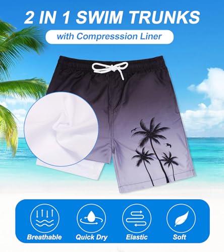 Boys Quick-Dry Swim Trunks with Compression Liner - Black Palm Tree, 7 Years